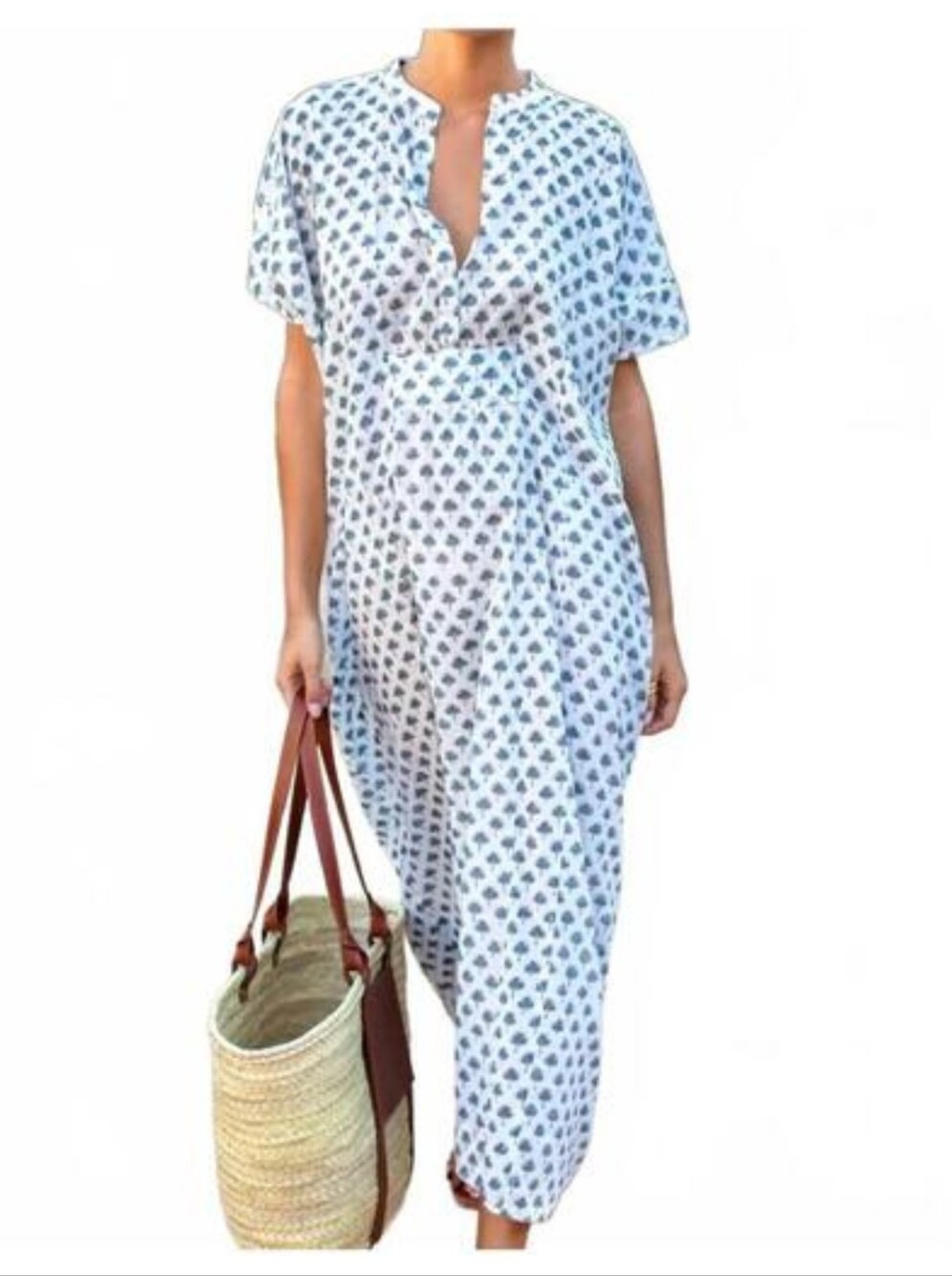 Emerson Fry Love Tòmas Organic Cotton Maxi Caftan Dress Blue Print OS NWT